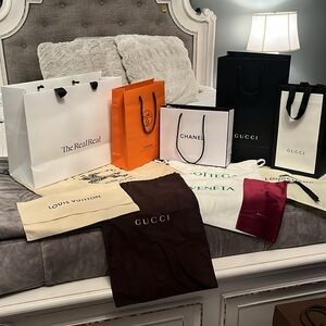Bundle of designer shopping bags & dust bags Chanel Hermes Gucci bottega Venetia
